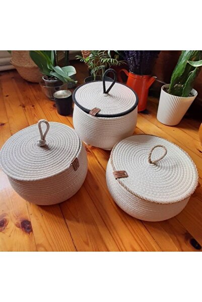 karelim home 3 Lü Çok Amaçlı Dekoratif Organizer Jüt Ip Ekru Kapaklı Sepet 25x12