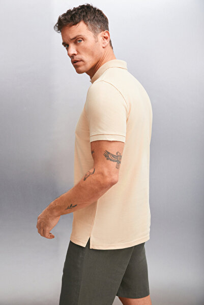 GRIMELANGE MARTEN pánské 100% bavlněné tričko Regular Fit s béžovým límečkem a krátkým rukávem