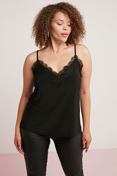 ETHIQUET Clara Women's Black Plus Size Bodysuit with Lightly Draped Collar and Lace Straps