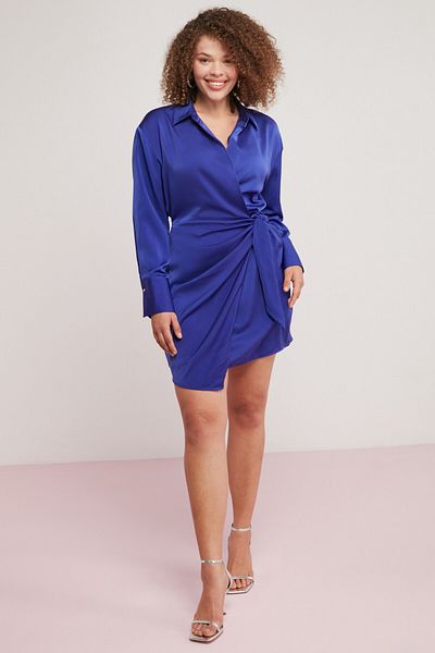 ETHIQUET Dıone Women's Flush Viscose Satin Asymmetric Cut Tie-Up Short Blue Plus Size Dress