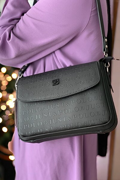 Just Polo Black Large Size Embossed Print 6 Compartment Women's Cross Shoulde...