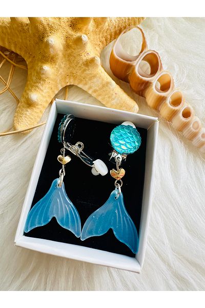 1PARÇAMAVİ Sea Blue Children's Earrings - Compression with Clip and No Hole