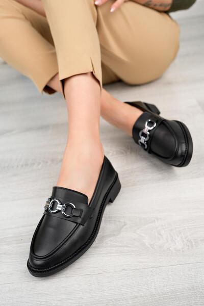 Aymood Жіночі чорні шкіряні черевики на підборах з товстою підошвою, з пряжкою, класичні лофери на щоденне носіння