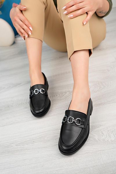 Aymood Pantofi mocasin cu toc clasic de zi cu zi, cu cataramă cu lanț din piele neagră, cu talpă groasă