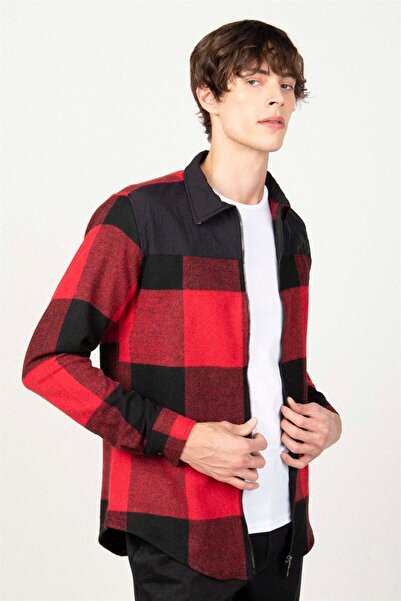 Tudors Slim Fit Uzun Kollu Kışlık Oduncu Fermuarlı Parçalı Erkek Gömlek