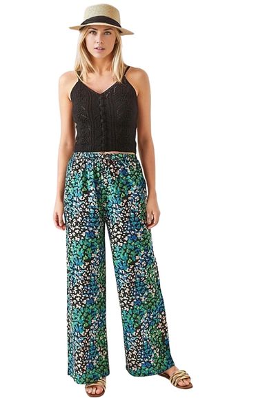 Cassime Green Floral Patterned Black Linen - Wide Leg High Waist Summer Trousers