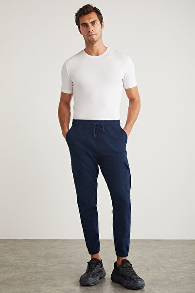 GRIMELANGE Cargo Men's Woven Cargo Pocket Navy Blue Trousers with Elastic Waist and Legs