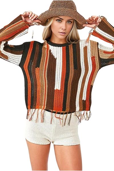 Cassime Women's Multi Ethnic Patterned Tasseled Sweater Sweater