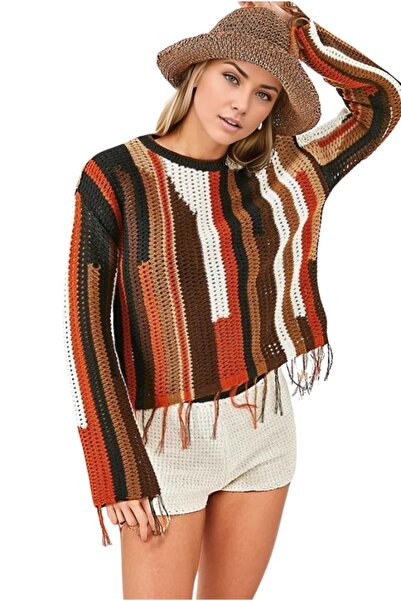Cassime Women's Multi Ethnic Patterned Tasseled Sweater Sweater