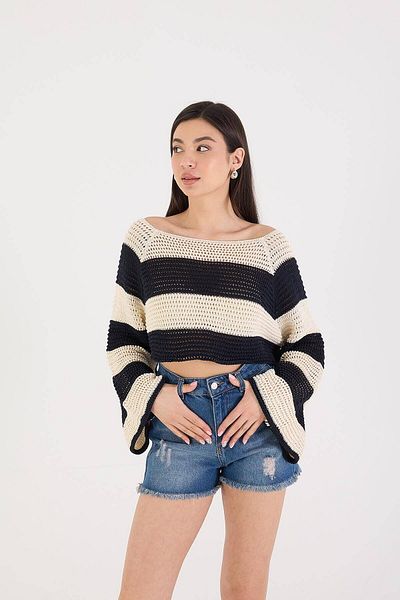 Addax Striped Long Sleeve Crop Knitwear T222-a9