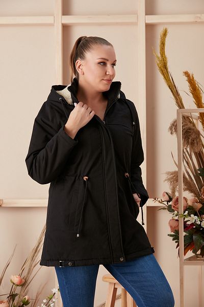 RMG Hooded Plus Size Black Coat with Waist Tie Detail
