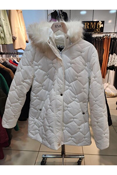 RMG Kapitone Incili Büyük Beden Beyaz Mont
