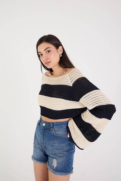 Addax Striped Long Sleeve Crop Knitwear T222-a9