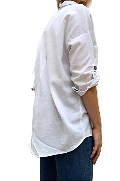 Cassime Ecru Stone Wooden Buttoned Cotton Linen Women's Shirt