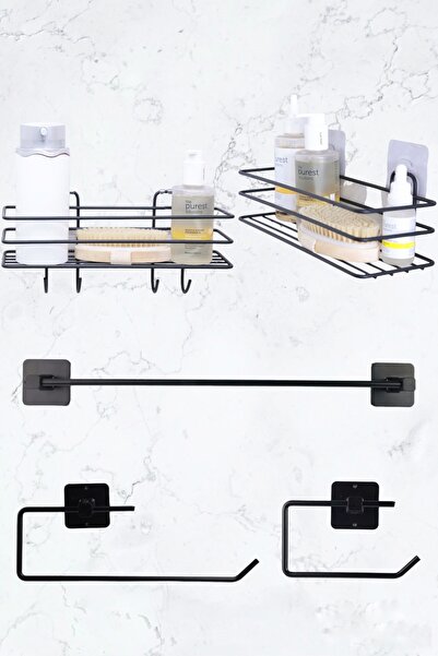 BUSEMSİ HOME 5'li Set Siyah Banyo Rafı, Uzun Havluluk, Rulo Havluluk, Peçetel...