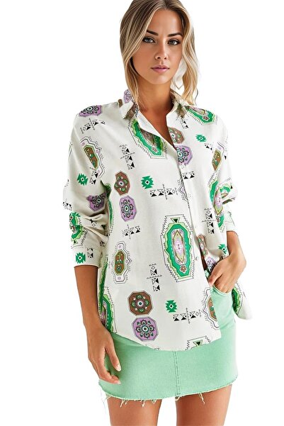 Cassime Πράσινο λινό πουκάμισο Oversize - Ethnic μοτίβο και λεπτομέρεια με κο...