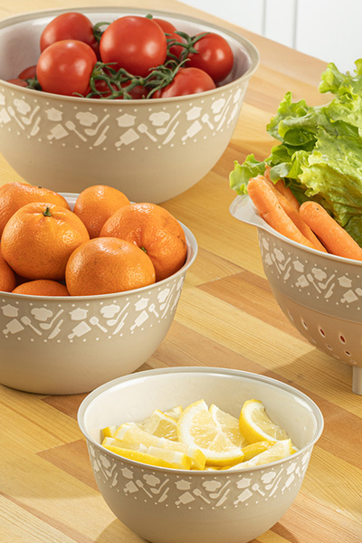 Meleni Home 4'lü Yuvarlak  Kase ve Süzgeç Seti,Çok Amaçlı Kase Seti,Çırpma Kabı,Süzgeçli Badya Seti Bej