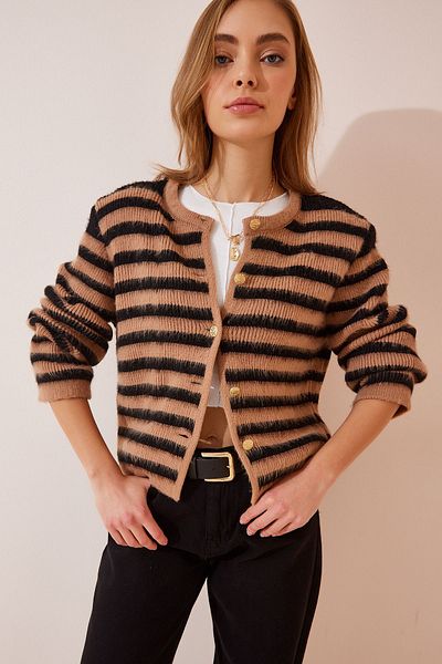 Happiness İstanbul Stylový černý pruhovaný úplet velbloudí dámský cardigan - zapínání na knoflíky a vousy Yy00115