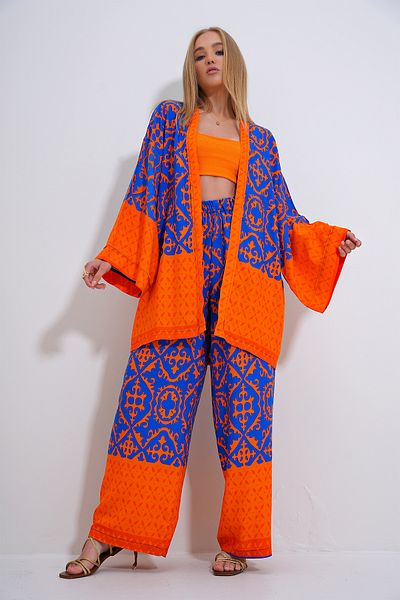 Trend Alaçatı Stili Saks Orange kimonó és Palazzo nadrág szett - ALC-X11751