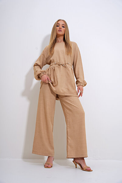 Trend Alaçatı Stili Beige Crew Neck and Belt Palazzo Trousers Tunic - ALC-X12299