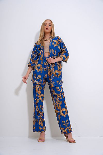 Trend Alaçatı Stili Saks mintás női kimonó és dzseki szett - Crinkle ALC-X12362