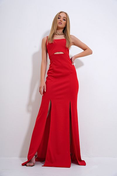 Trend Alaçatı Stili Rotes Homecoming-Kleid für Damen – verstellbarer Träger, ausgeschnittener Schnitt und Schlitz ALC-X12269