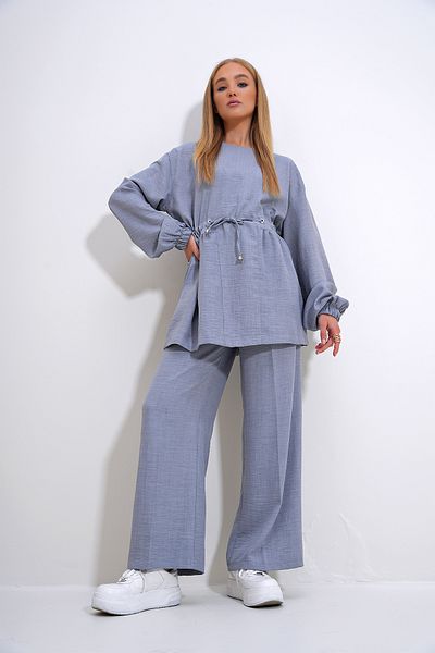 Trend Alaçatı Stili Gray Palazzo Tunic Belted Crew Neck Women's Trousers Set - ALC-X12299