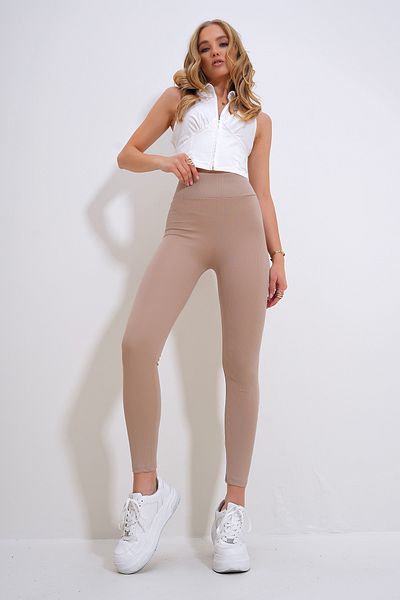 Trend Alaçatı Stili Béžové punčochové kalhoty se šňůrou s vysokým pasem - Lycra, ALC-X12364