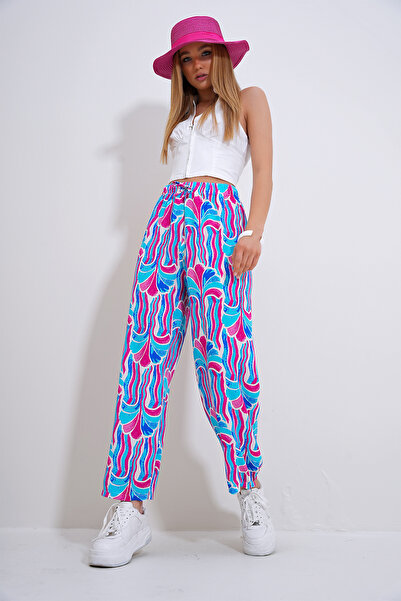 Trend Alaçatı Stili Saks mintás viszkóz női nadrág - elasztikus derék, ALC-X12358