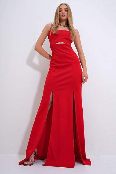 Trend Alaçatı Stili Rotes Homecoming-Kleid für Damen – verstellbarer Träger, ausgeschnittener Schnitt und Schlitz ALC-X12269