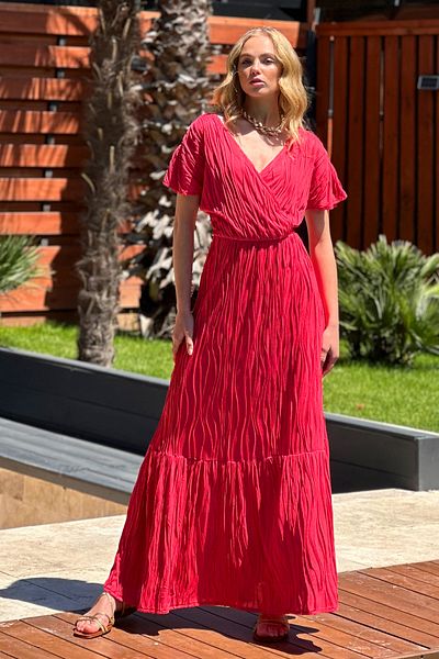 Trend Alaçatı Stili Korallenfarbenes Maxikleid mit zweireihigem Kragen und Volant - ALC-X12344
