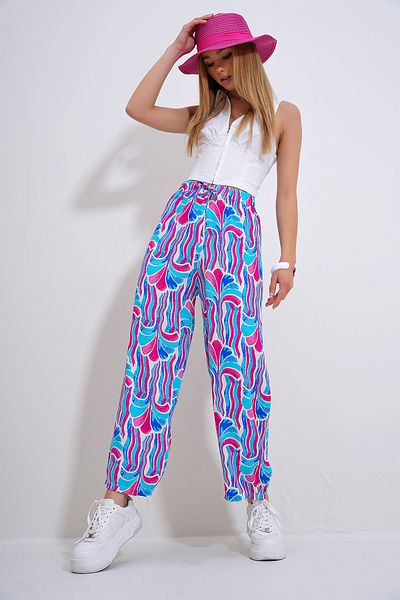 Trend Alaçatı Stili Saks Patterned Viscose Women's Trousers - Elastic Waist, ALC-X12358