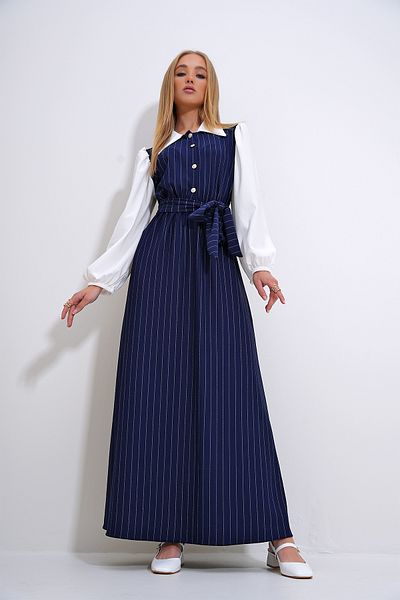 Trend Alaçatı Stili Navy Blue Striped Shirt Collar Hijab Dress - Button Detail, ALC-X12278
