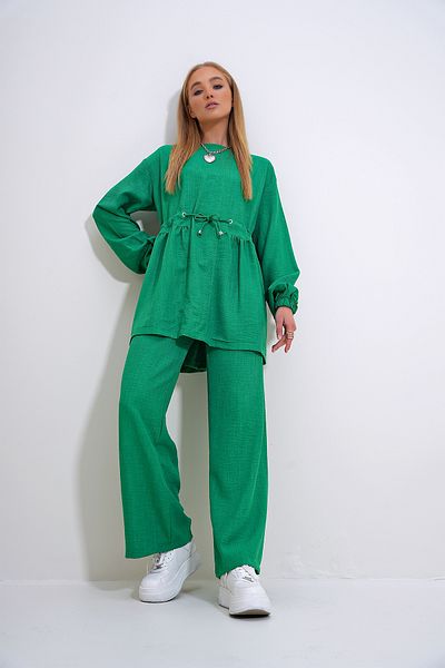 Trend Alaçatı Stili Emerald Green Women's Palazzo Tunic and Belted Crew Neck Trousers Set - ALC-X12299