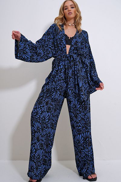 Trend Alaçatı Stili Blue Black Kimono and Palazzo Trousers Set - ALC-X11751