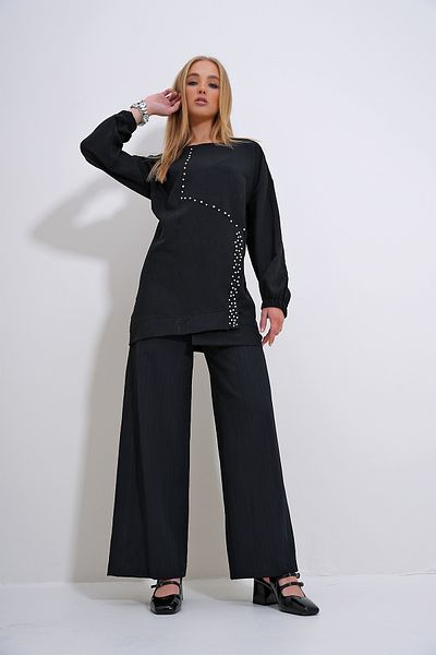 Trend Alaçatı Stili Black Pearl and Stone Embroidered Tunic and Trousers Women's Set - Crew Neck ALC-X12302