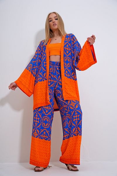 Trend Alaçatı Stili Saks Orange kimonó és Palazzo nadrág szett - ALC-X11751