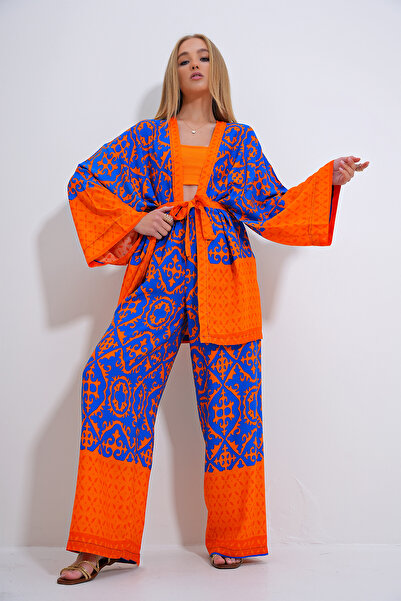 Trend Alaçatı Stili Saks Orange kimonó és Palazzo nadrág szett - ALC-X11751