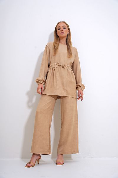 Trend Alaçatı Stili Beige Crew Neck and Belt Palazzo Trousers Tunic - ALC-X12299