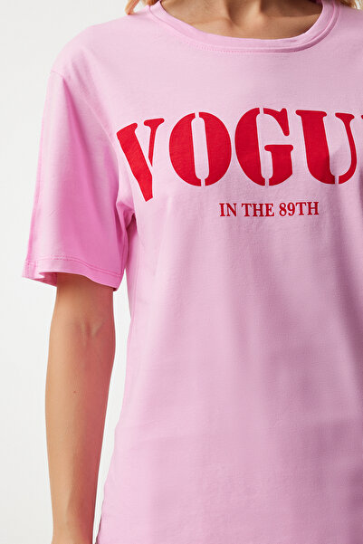 Happiness İstanbul Ροζ εμπριμέ γυναικείο βαμβακερό μπλουζάκι - AN00196