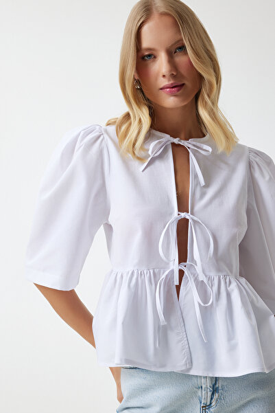 Happiness İstanbul Γυναικεία μπλούζα με λευκό μπαλόνι με μανίκι με λεπτομέρειες από βαμβακερή ποπλίνα UL00022