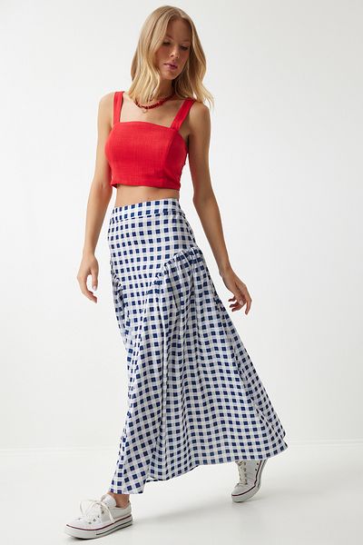 Happiness İstanbul Fustă albastră de vară din popelin - Volant Gingham, UL00024