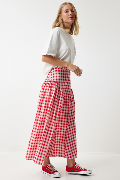 Happiness İstanbul Sötét rózsaszín fodros poplin nyári szoknya UL00024