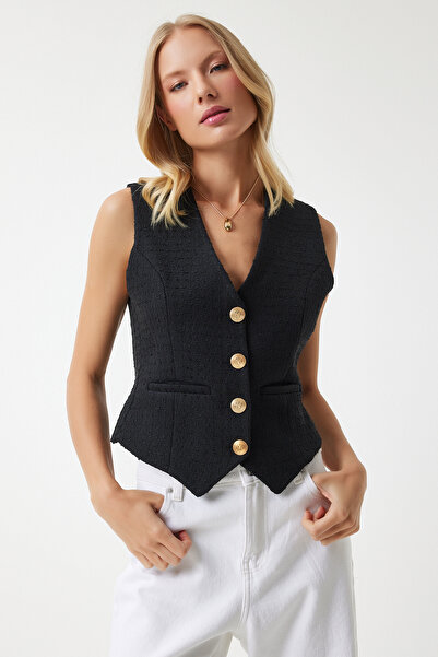 Happiness İstanbul Μαύρο μεταλλικό γυναικείο γιλέκο τουίντ με κουμπιά - TO00111