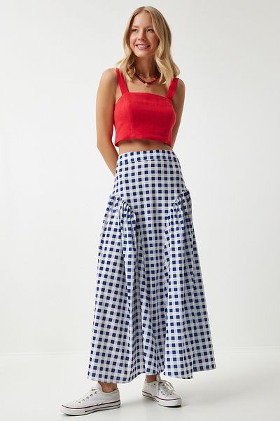 Happiness İstanbul Fustă albastră de vară din popelin - Volant Gingham, UL00024