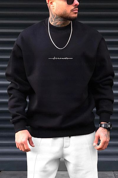 Millionaire Ανδρικό μαύρο Dreamer με στάμπα 0 με λαιμόκοψη Oversize Loose Loose Fleece φούτερ