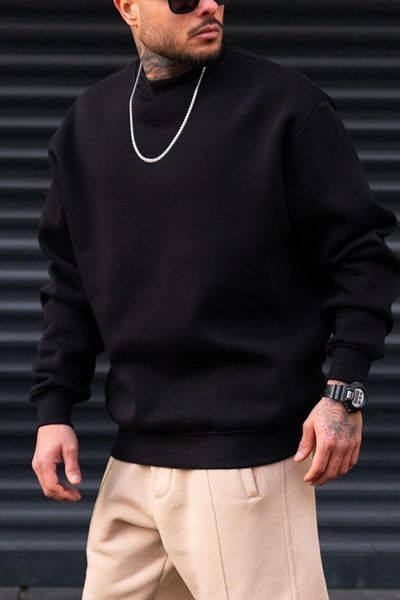 Millionaire Men's Plain Black Basic Unprinted Brand New Crew Neck Oversize Loose Sweatshirt Sweat