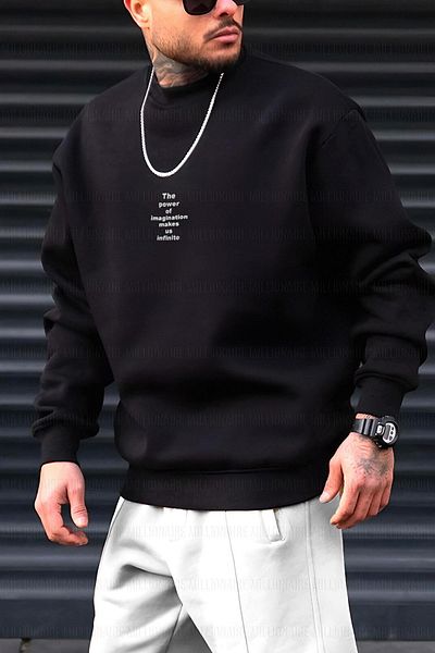 Millionaire Pánská černá mikina The Power Printed 0 Crew Neck Oversize Volný Loose Fit Fleecová mikina