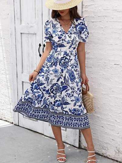 JANES Satin Midi Dress - Short Sleeve, Double Breasted Collar, Flounced Skirt...
