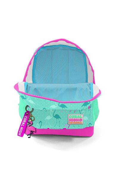 Coral High Rucsac de școală cu două compartimente pentru copii, verde apă, roz neon, cu model flamingo 23307